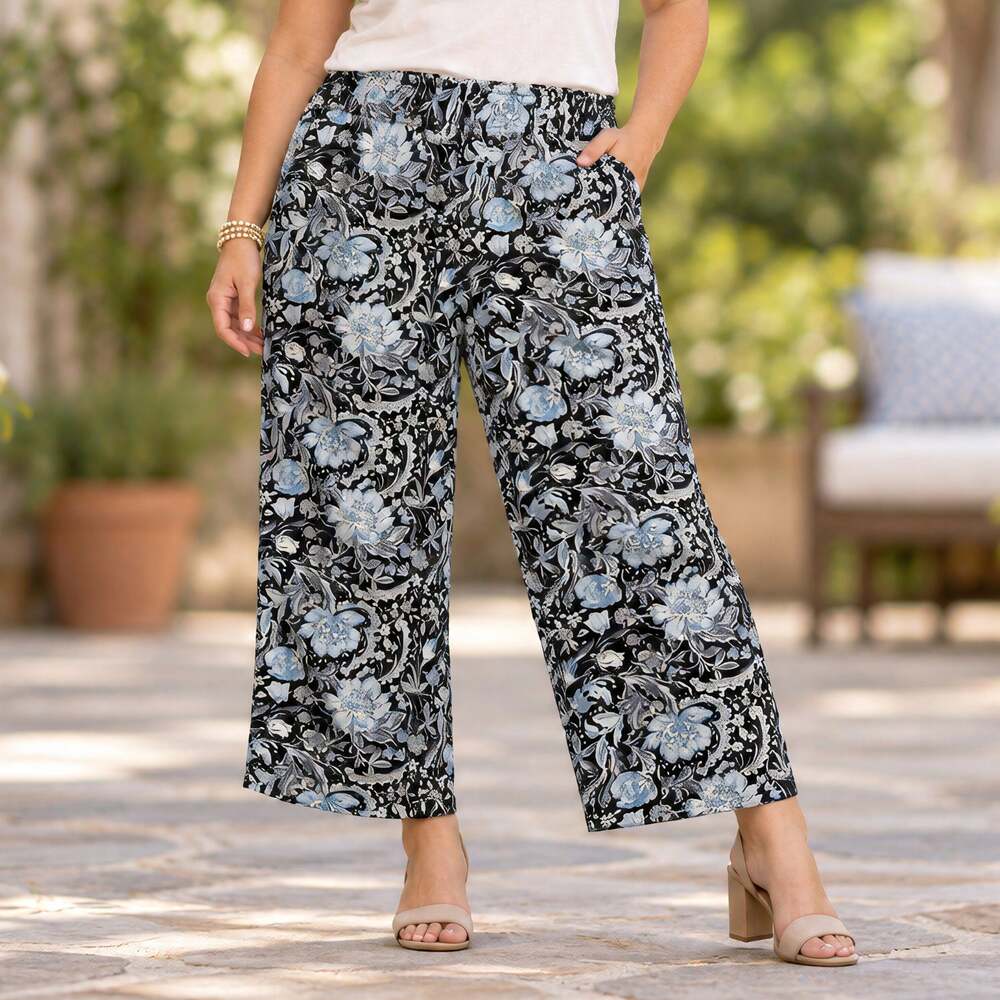 Tahari Floral 100% Linen Pants Women XL Blue Black Whimsigoth Dark Cottagecore